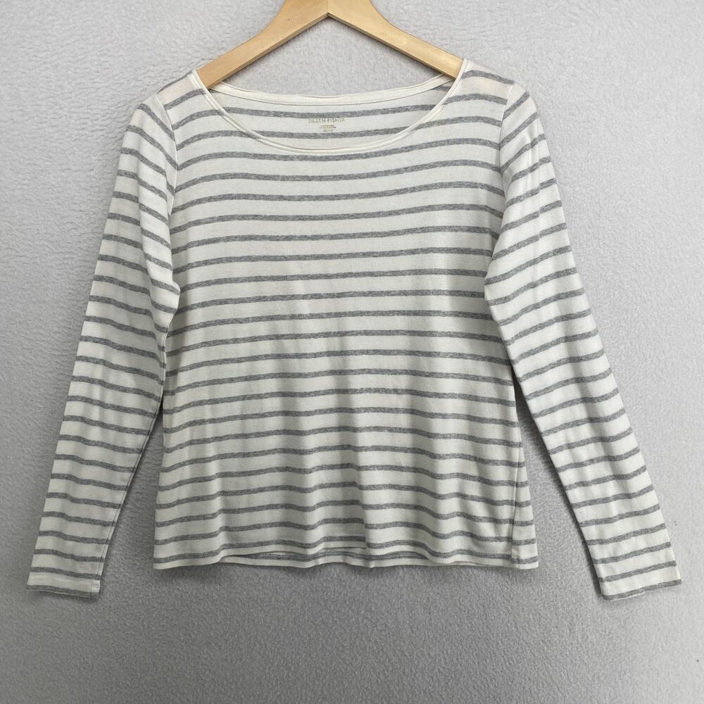 EILEEN FISHER Top XS Organic Cotton Interlock Jersey Striped Long Sleeve Gray